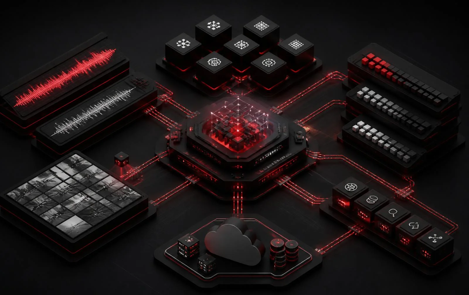 Production AI system connecting model orchestration, agents, structured outputs, speech, vision, and cloud tools