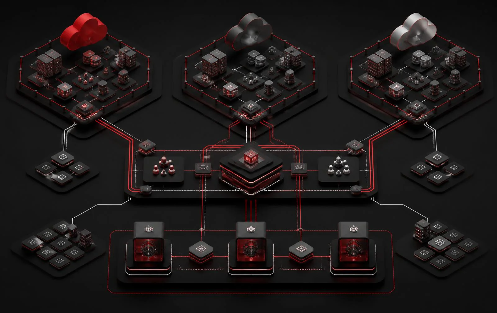 Multi-cloud infrastructure connected through identity federation, encryption, and key management layers
