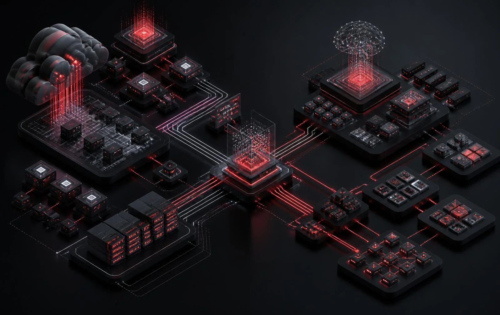 Cloud security infrastructure and AI application systems connected through a shared engineering architecture