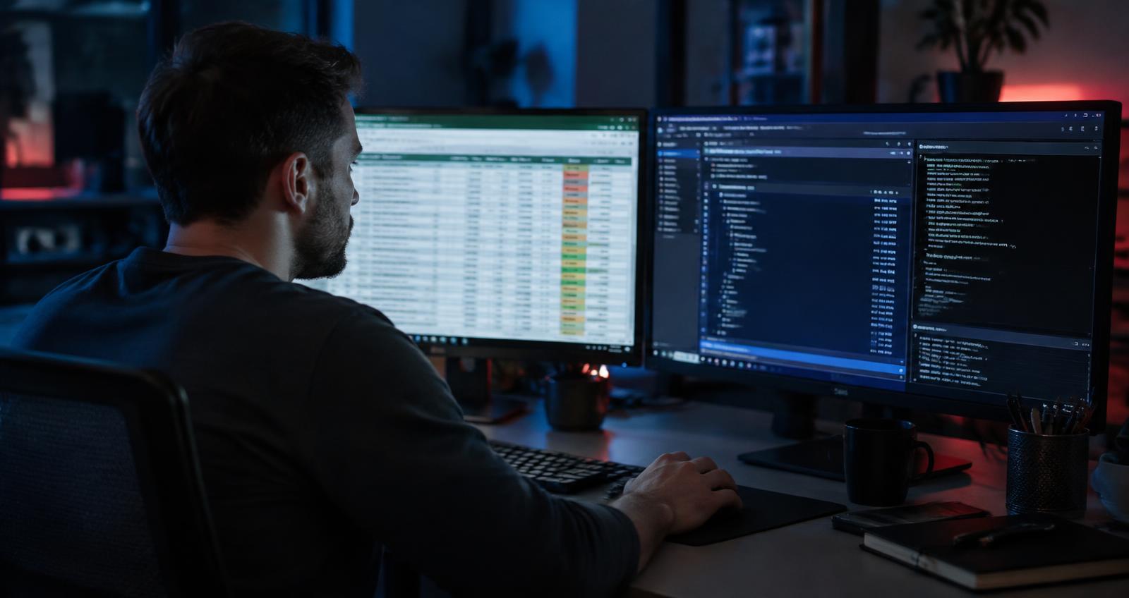 Security engineer comparing an AI-drafted compliance mapping spreadsheet with live cloud configuration on a second monitor