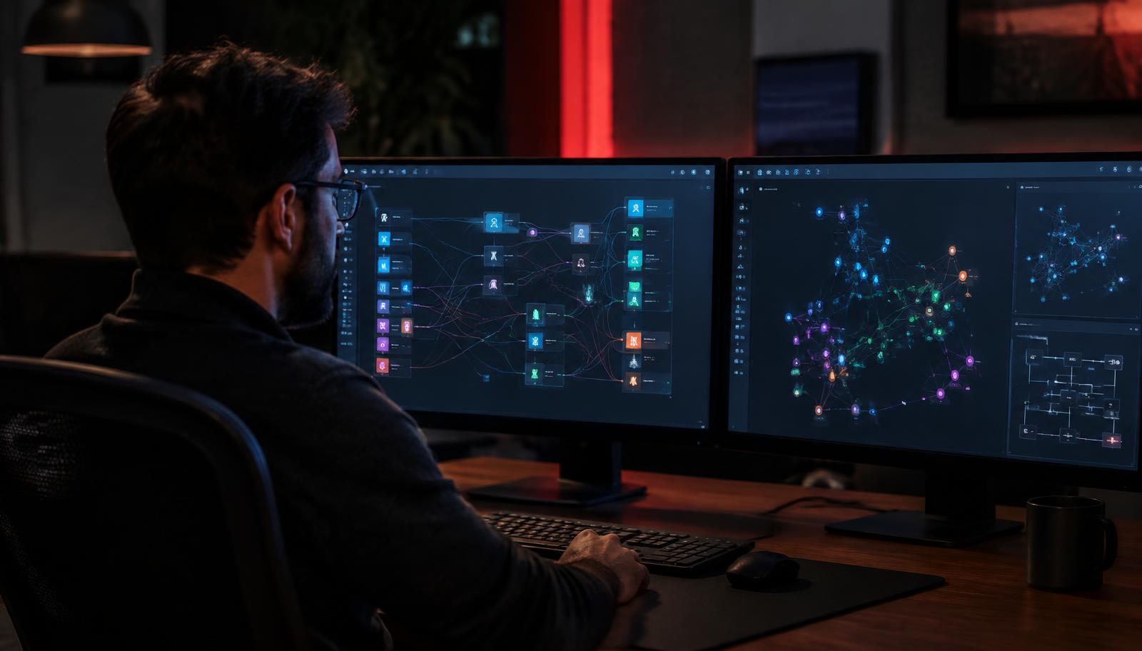 Cloud security engineer reviewing identity permission graphs and network paths across two monitors