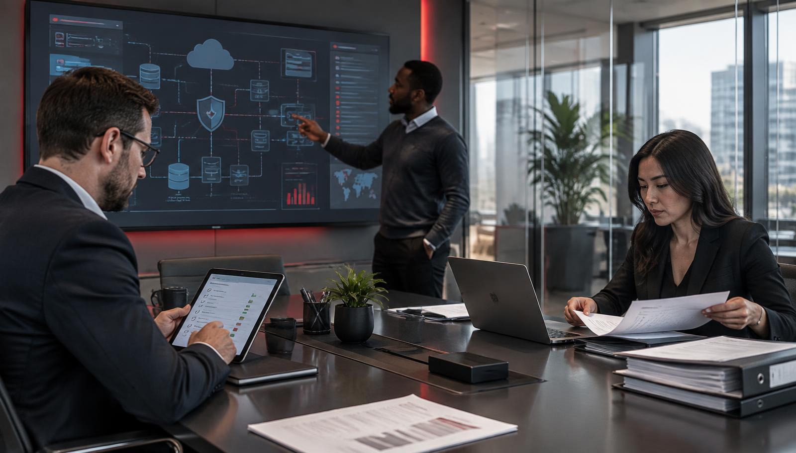 Cybersecurity compliance team validating cloud security controls and reviewing audit evidence