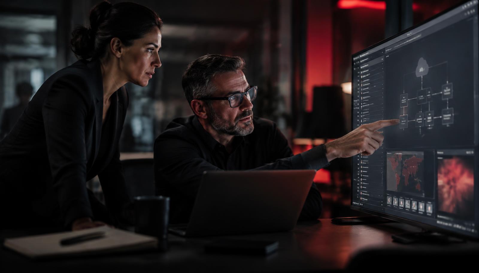 HIPAA compliance consultant and CTO reviewing cloud security configuration evidence on a monitor