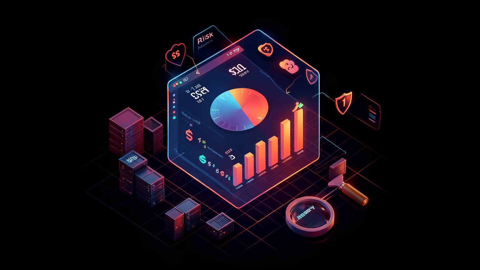 Isometric cybersecurity dashboard showing risk assessment cost drivers: pricing gauges, bar charts, cloud infrastructure, and a magnifying glass over identity and access paths